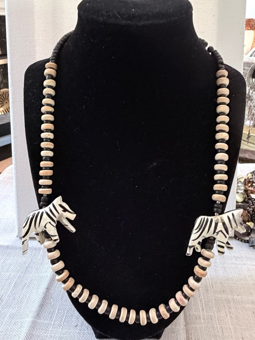 Vintage Hand-Carved Bone Zebra Safari Beaded Necklace – Tribally Inspired Boho